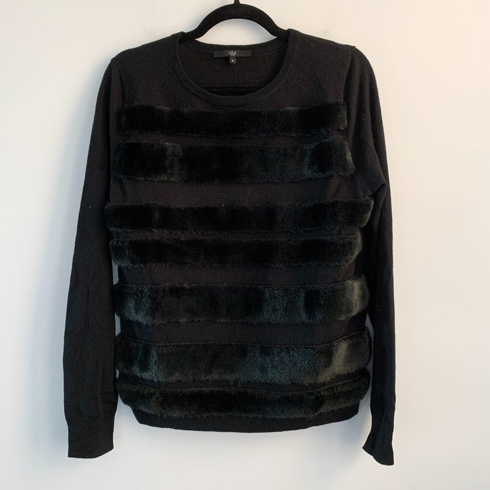Tibi Black Merino Wool and Faux Fur Patterned Sweater